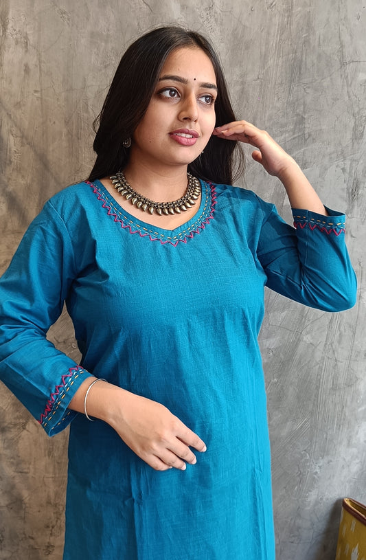 Blue Solid Color Hand Embroidery Co-Ord Set.