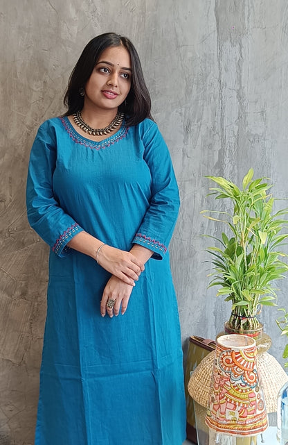 Blue Solid Color Hand Embroidery Co-Ord Set.
