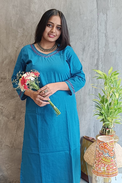 Blue Solid Color Hand Embroidery Co-Ord Set.