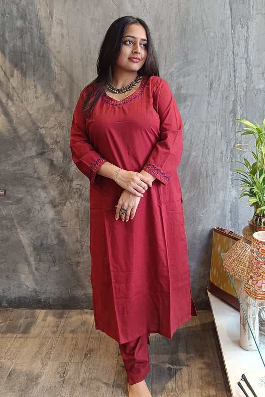 Rust Solid Color Hand Embroidery Co-Ord Set.