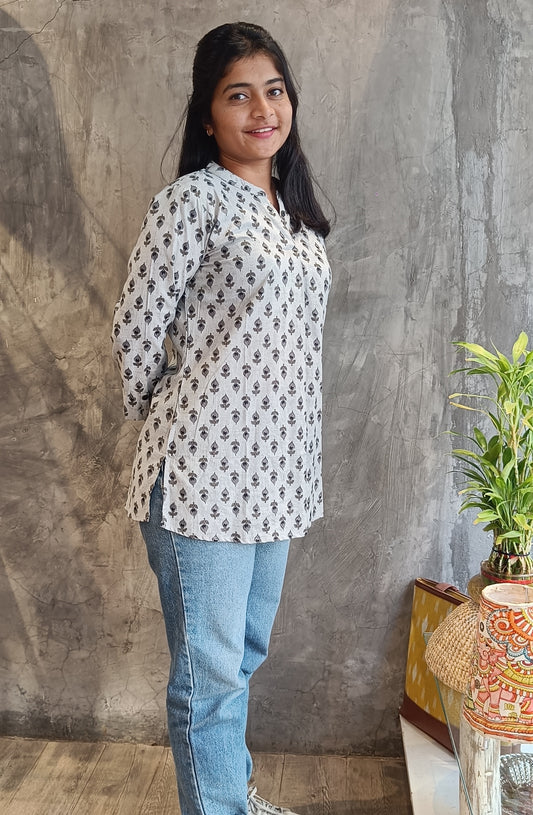 White Butti Printed Short Top.