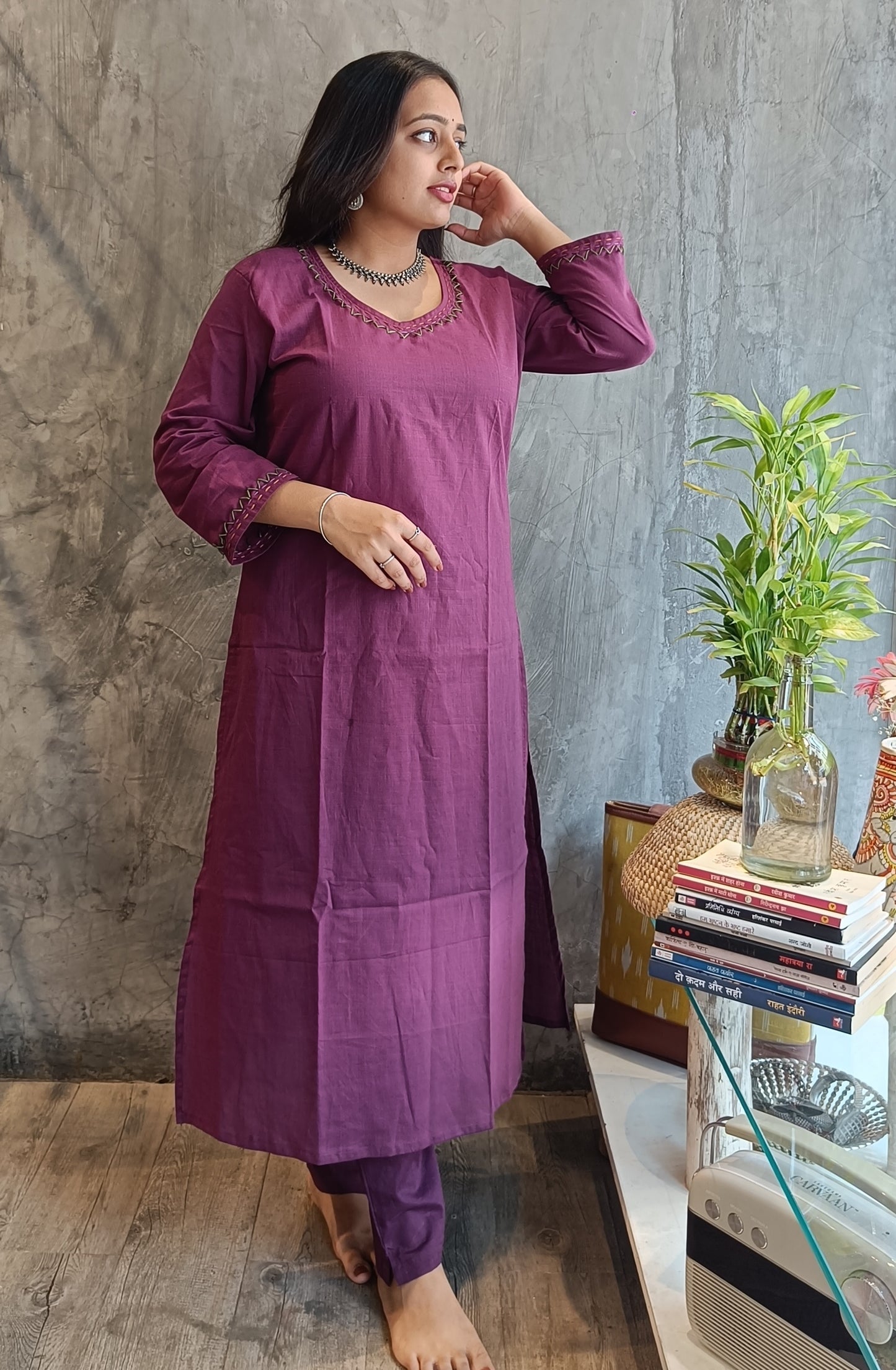 Wine Solid Color Hand Embroidery Co-Ord Set.