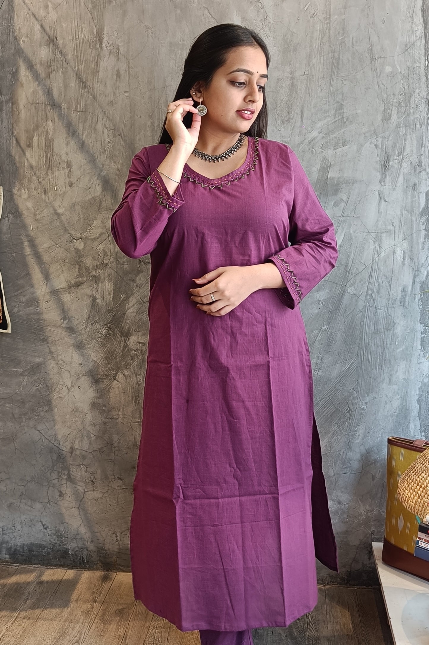 Wine Solid Color Hand Embroidery Co-Ord Set.