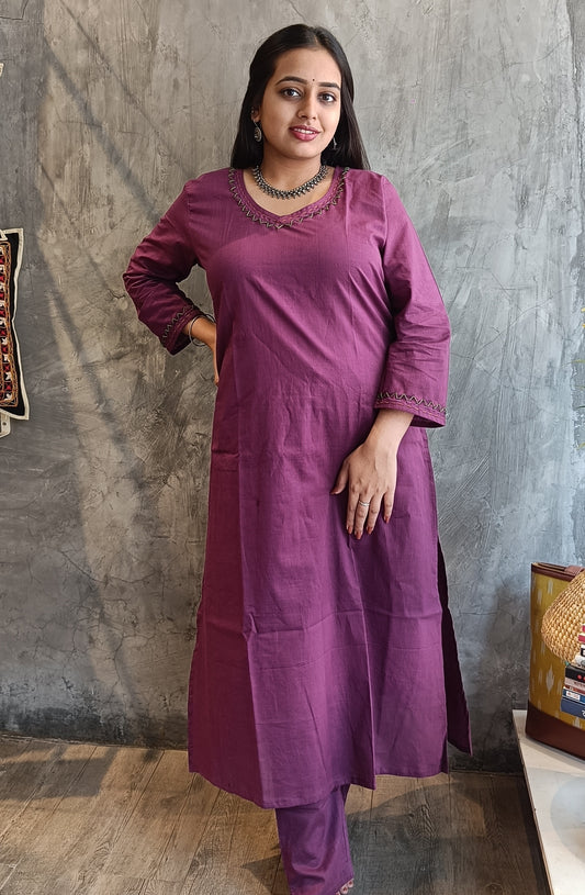 Wine Solid Color Hand Embroidery Co-Ord Set.