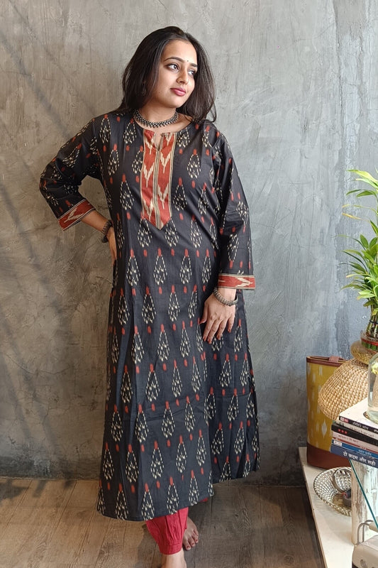 Premium black Ikat cotton co-ord set with rust color Afghani pants-Loomkar ethic wear
