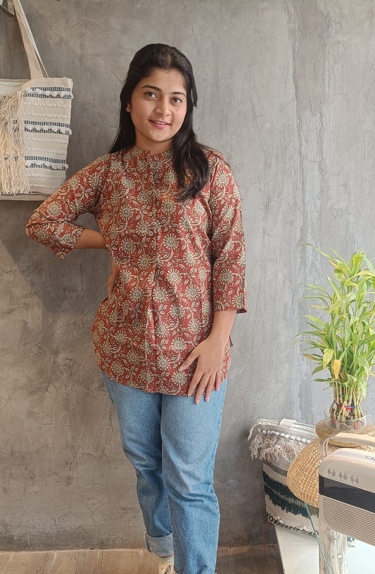 Rust Maroon Floral Plated Short Top
