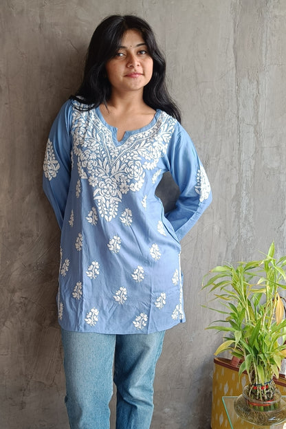 Ice Blue Chikankari Short Top