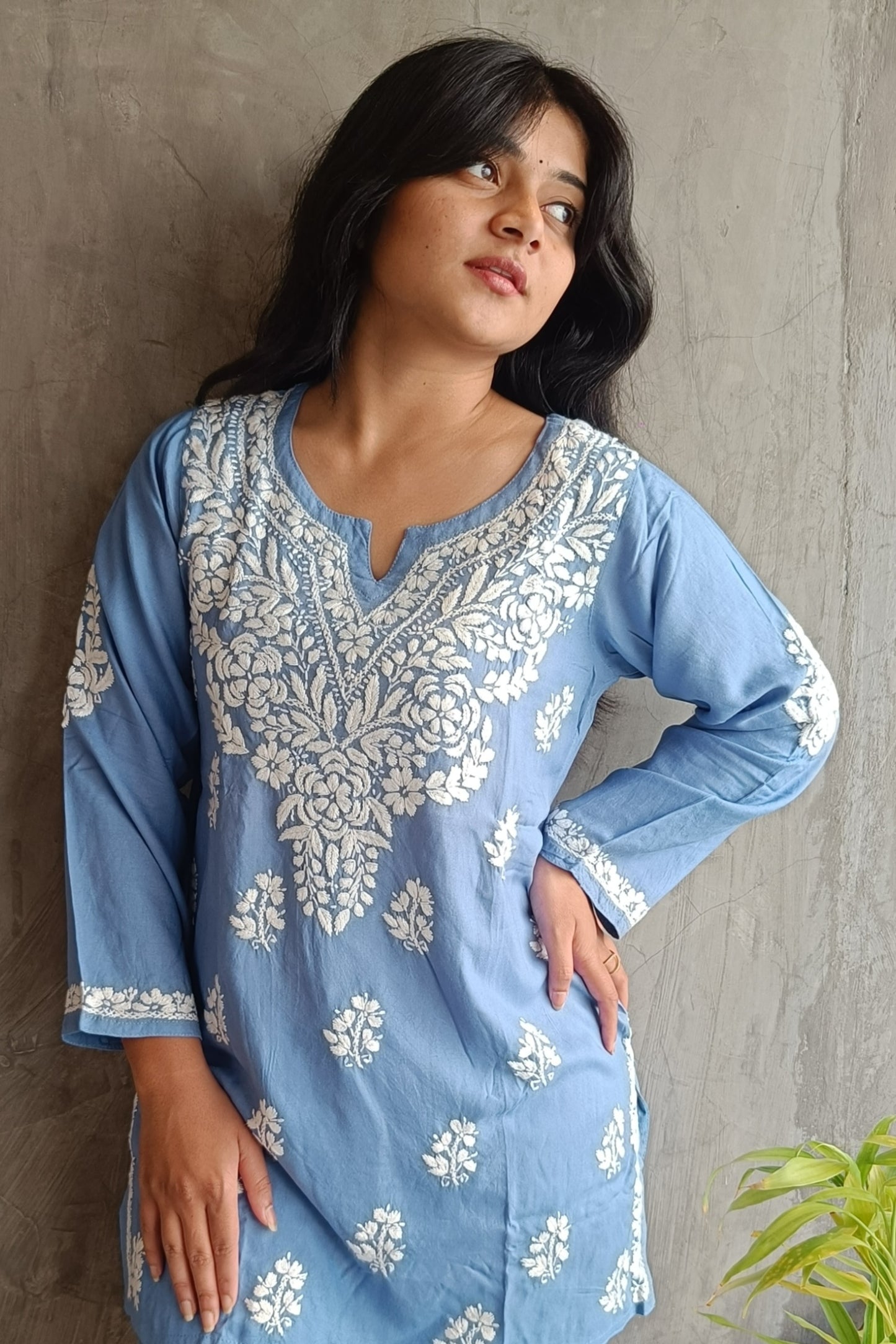 Ice Blue Chikankari Short Top
