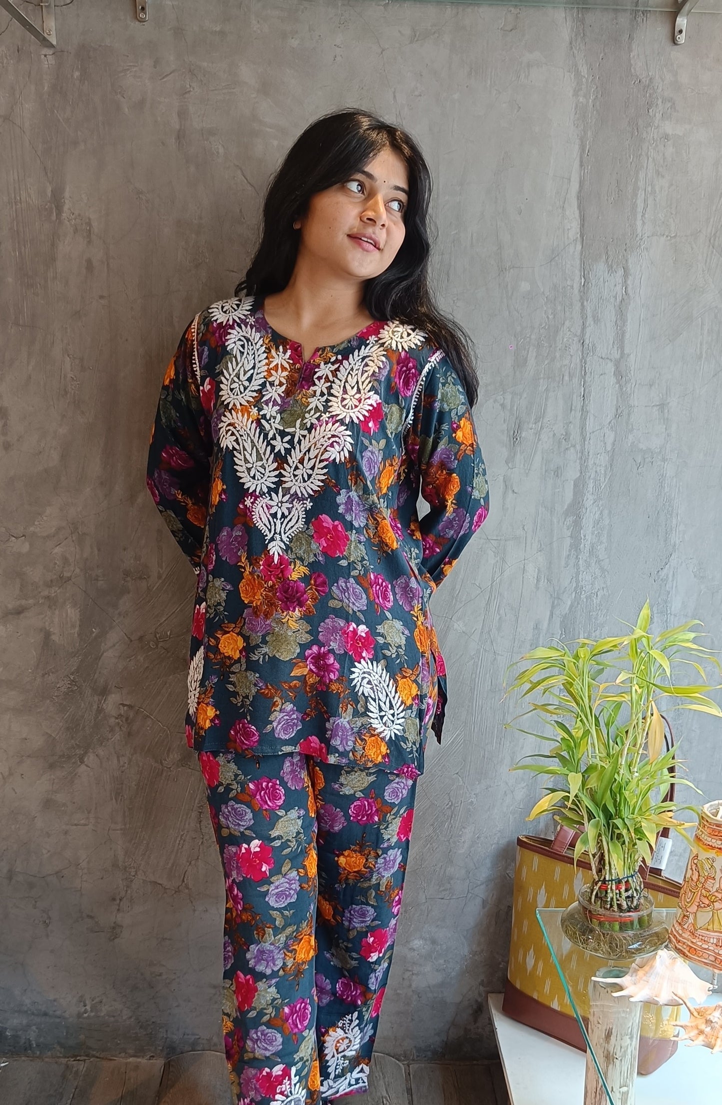 Blue Floral Chikankari Short Co-ord Set