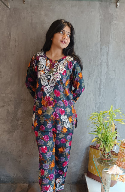 Blue Floral Chikankari Short Co-ord Set