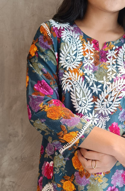 Blue Floral Chikankari Short Co-ord Set