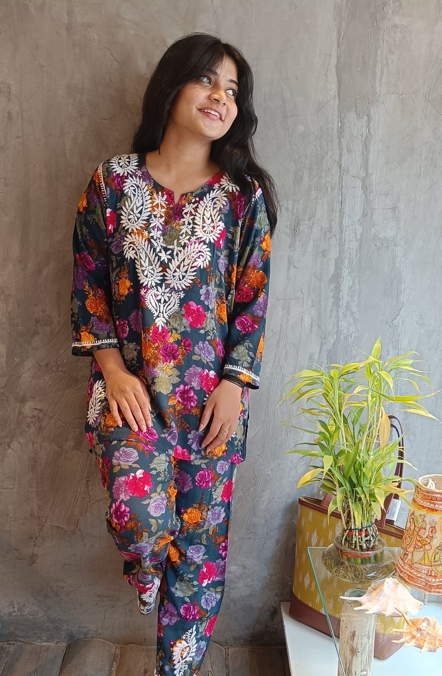 Blue Floral Chikankari Short Co-ord Set