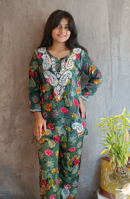 Green Floral Chikankari Short Co-ord Set