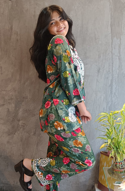 Green Floral Chikankari Short Co-ord Set