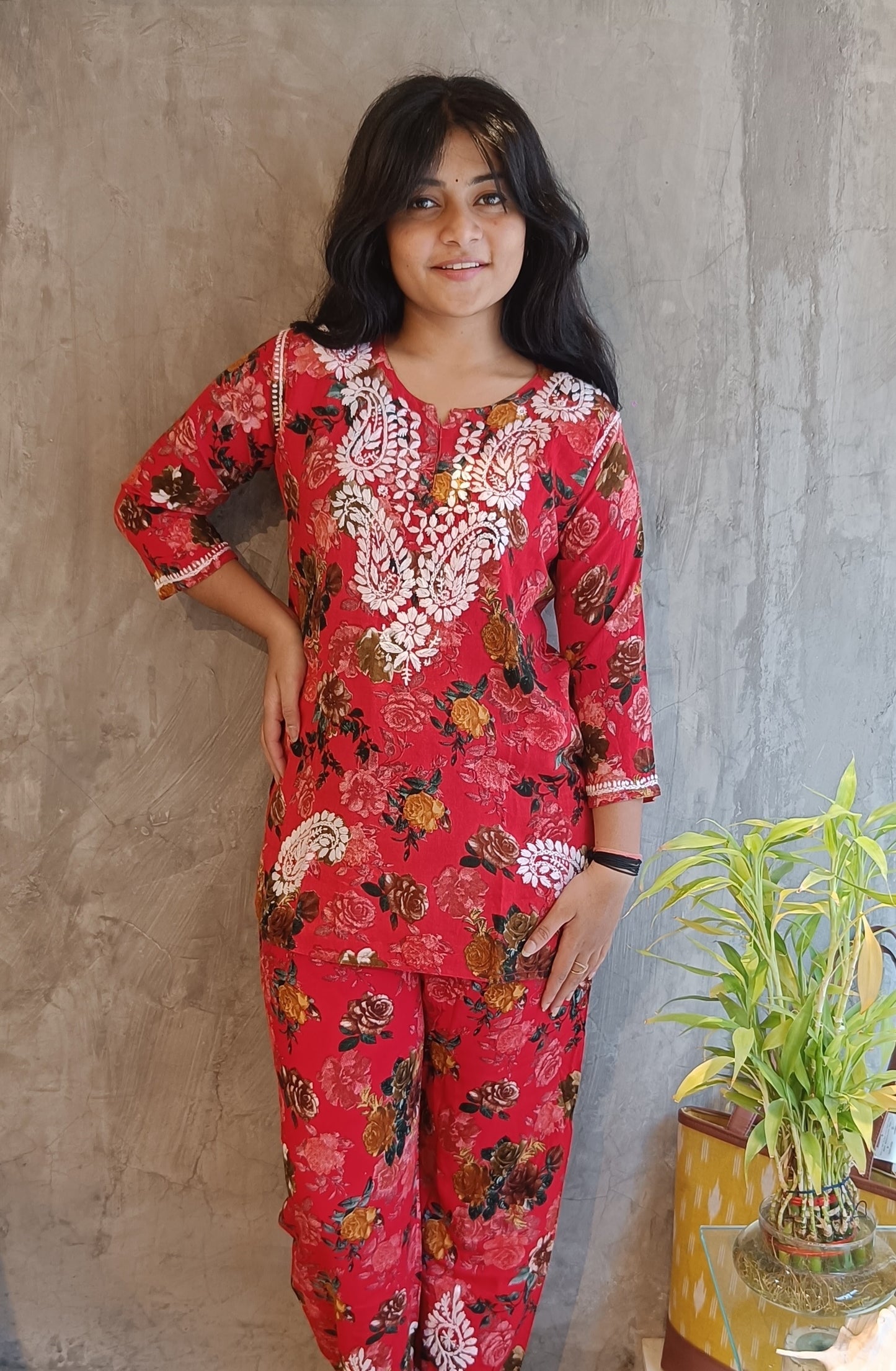 Red Floral Chikankari Co-ord Set.
