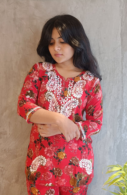 Red Floral Chikankari Co-ord Set.