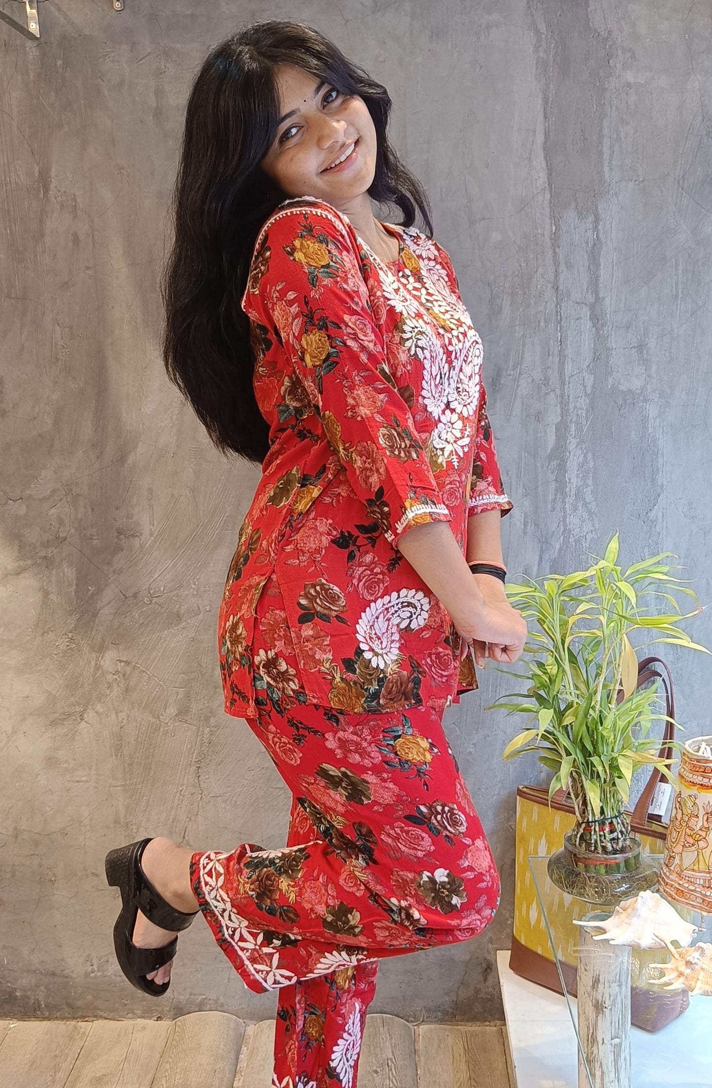 Red Floral Chikankari Co-ord Set.