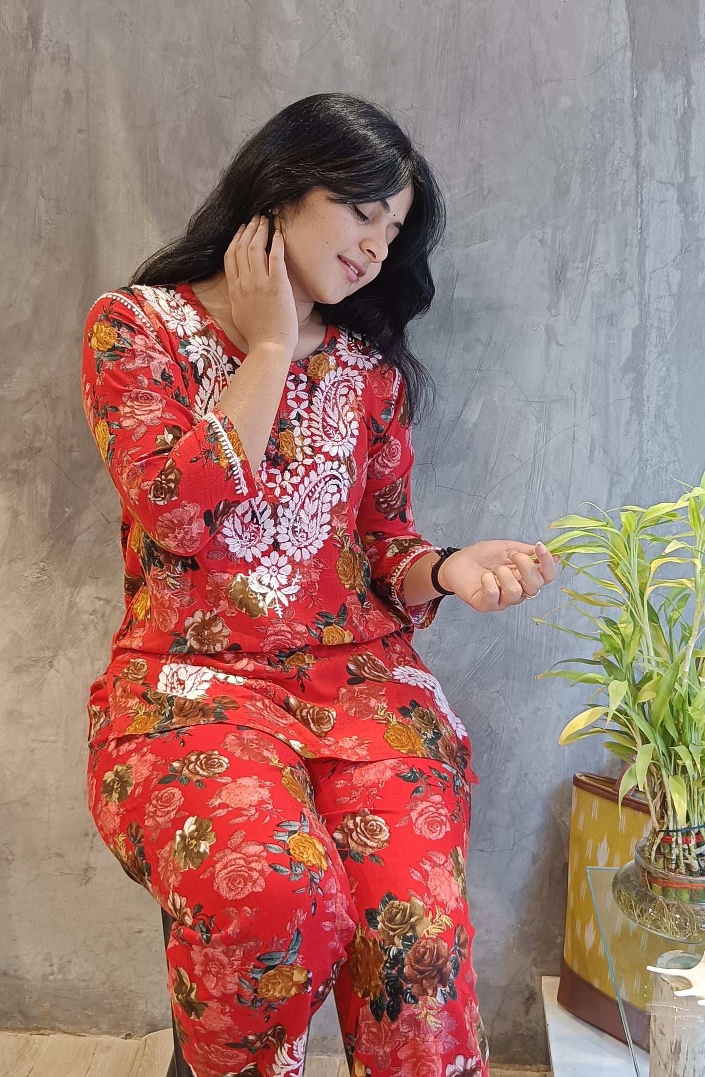 Red Floral Chikankari Co-ord Set.