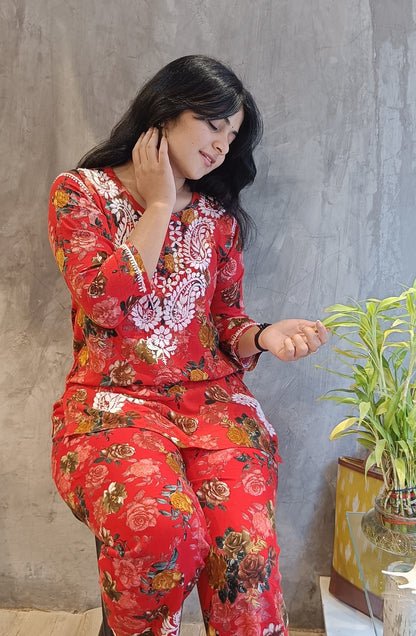 Red Floral Chikankari Co-ord Set.