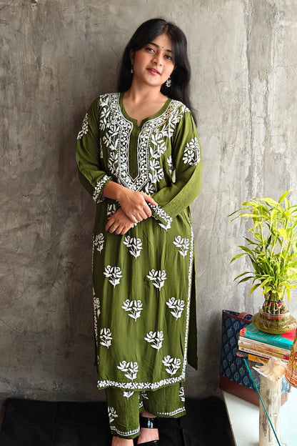 Olive Green Chikankari Long Co-ord Set