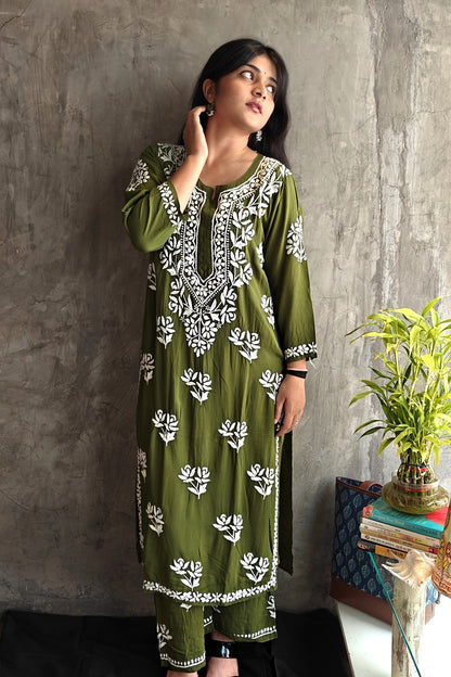 Olive Green Chikankari Long Co-ord Set