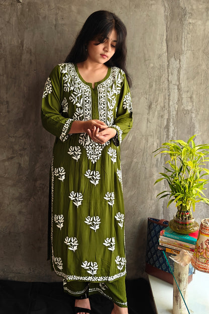 Olive Green Chikankari Long Co-ord Set