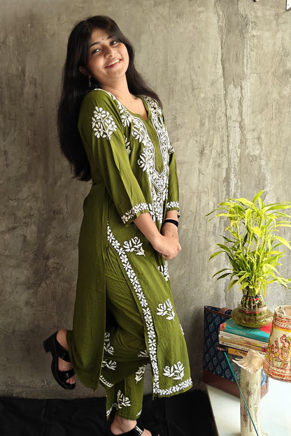 Olive Green Chikankari Long Co-ord Set