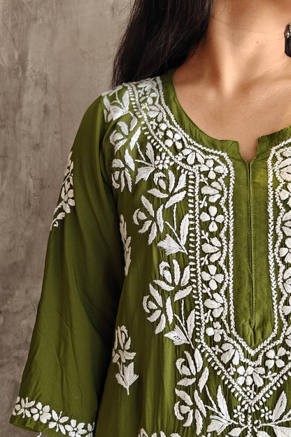 Olive Green Chikankari Long Co-ord Set