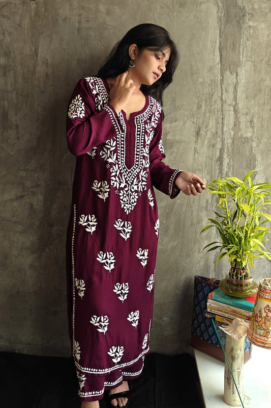 Wine Long Chikankari Co-ord Set