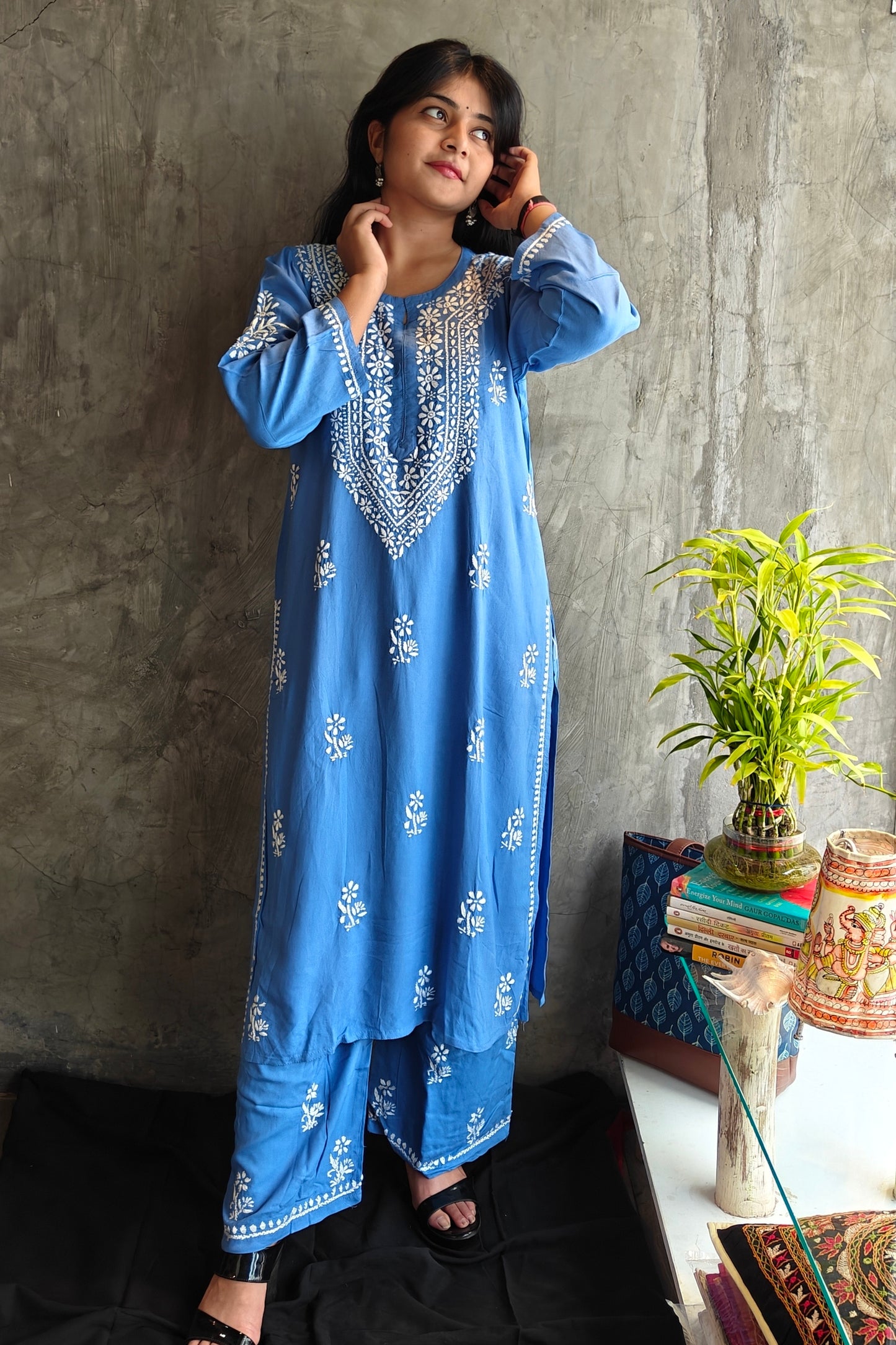 Denim Blue Chikankari Long Co-ord Set