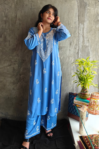 Denim Blue Chikankari Long Co-ord Set