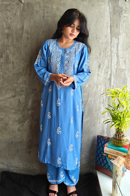Denim Blue Chikankari Long Co-ord Set