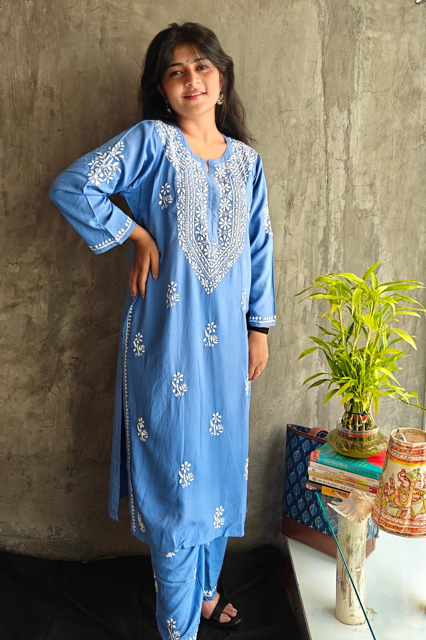 Denim Blue Chikankari Long Co-ord Set