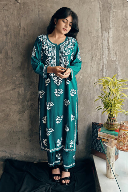 Ethnic teal blue embroidered kurta set in modal silk with Chikankari patterns