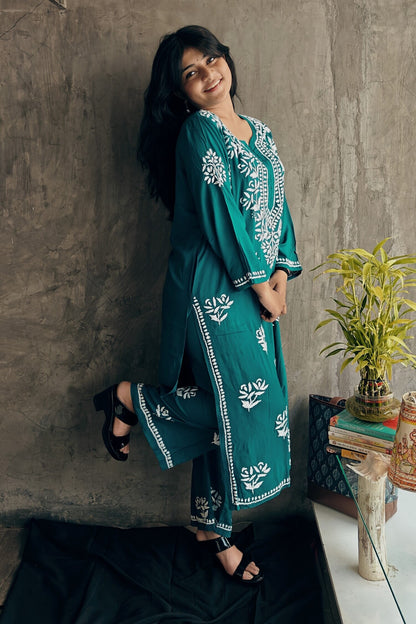 Teal modal silk straight - fit kurta with floral Chikankari embroidery and matching bottoms