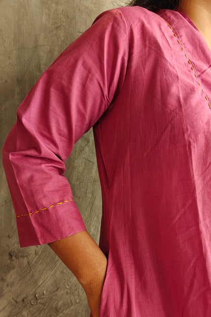 "Close-up of fine hand embroidery on Old Rose cotton co-ord set- Loomkar handmade detail"