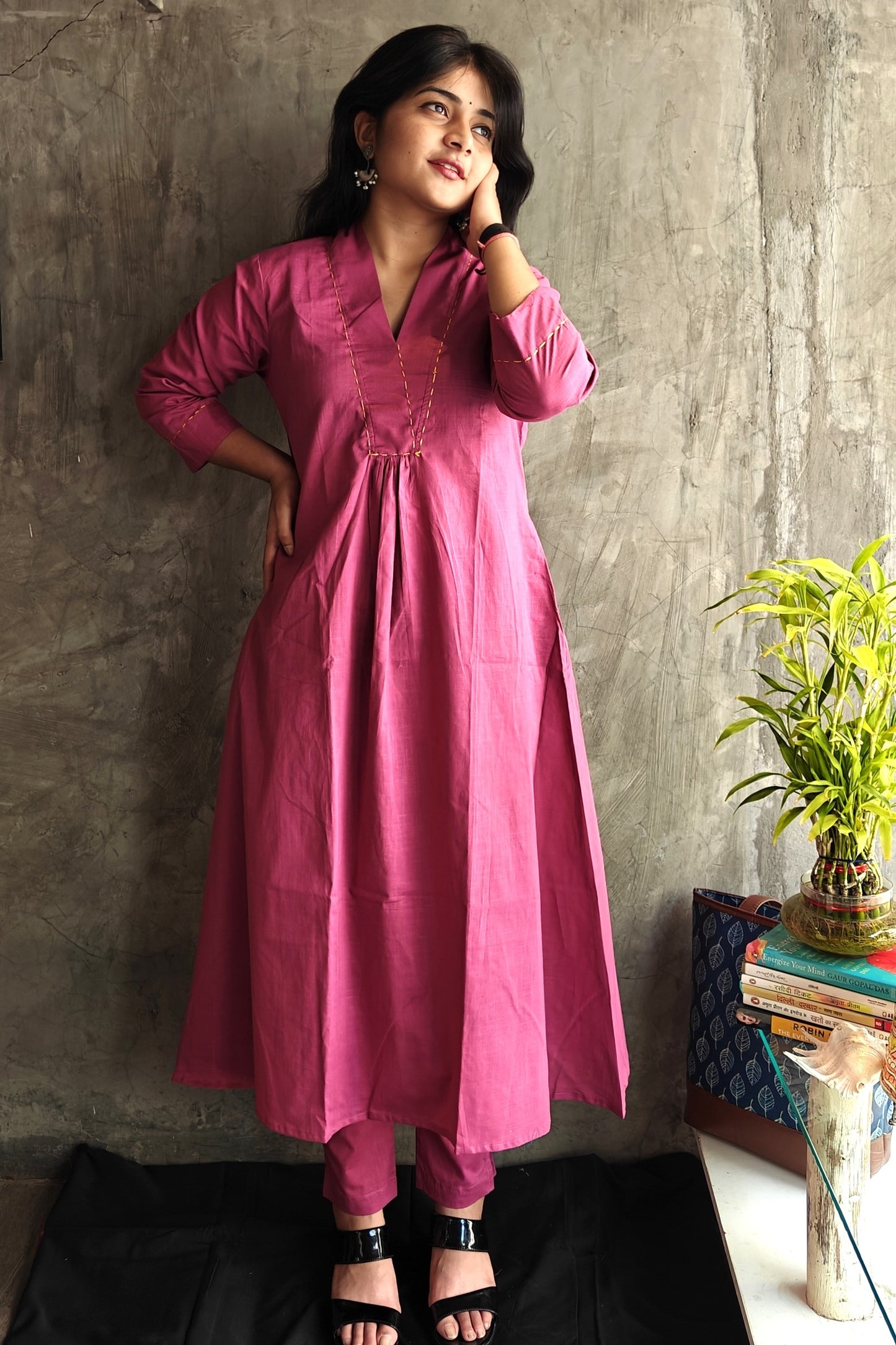 "Elegant Old Rose cotton kurti set with Kota dupatta styled for casual wear- Loomkar ethnic fashion"