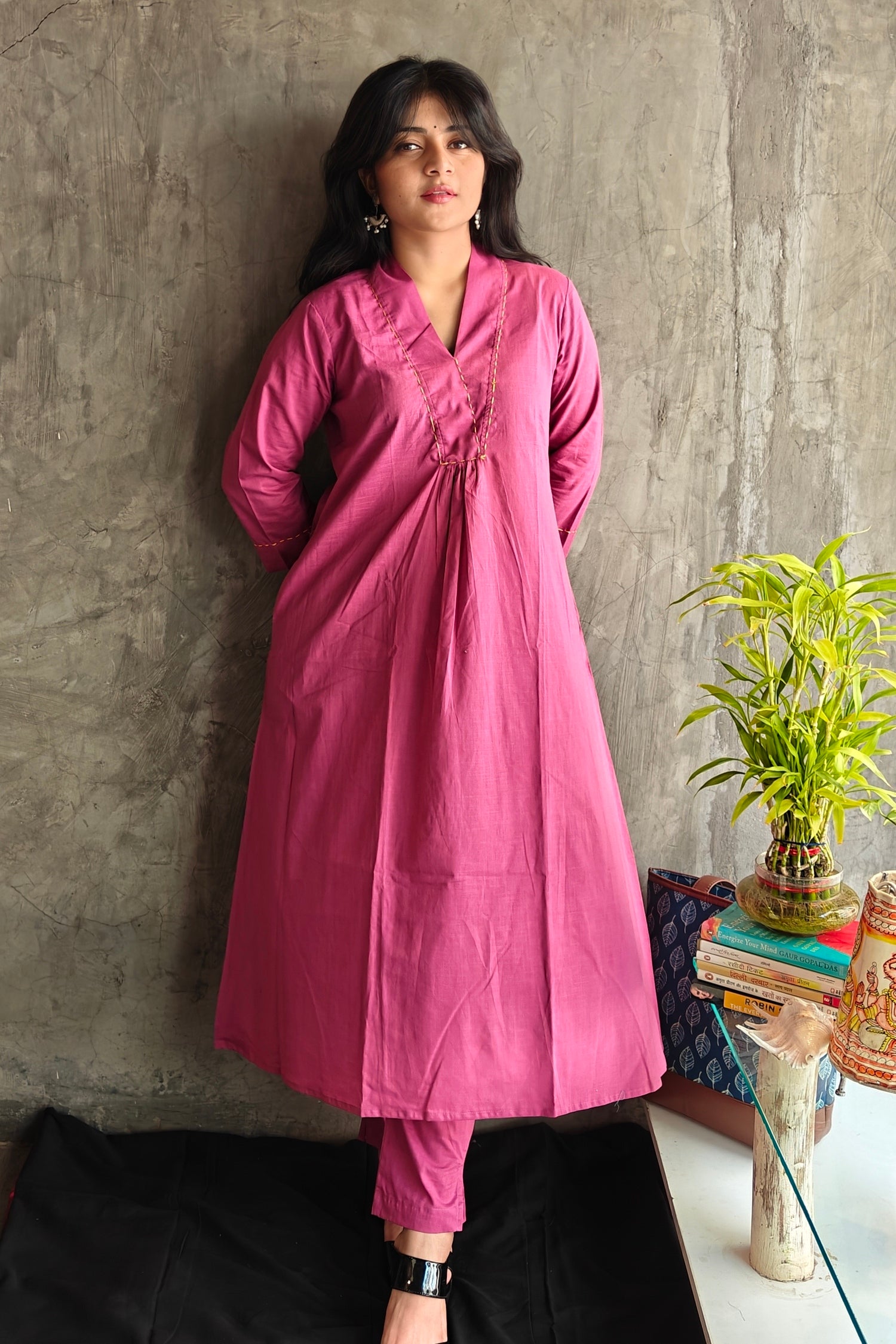 "Model wearing Old Rose cotton co-ord set with matching pants showcasing side pocket detail."