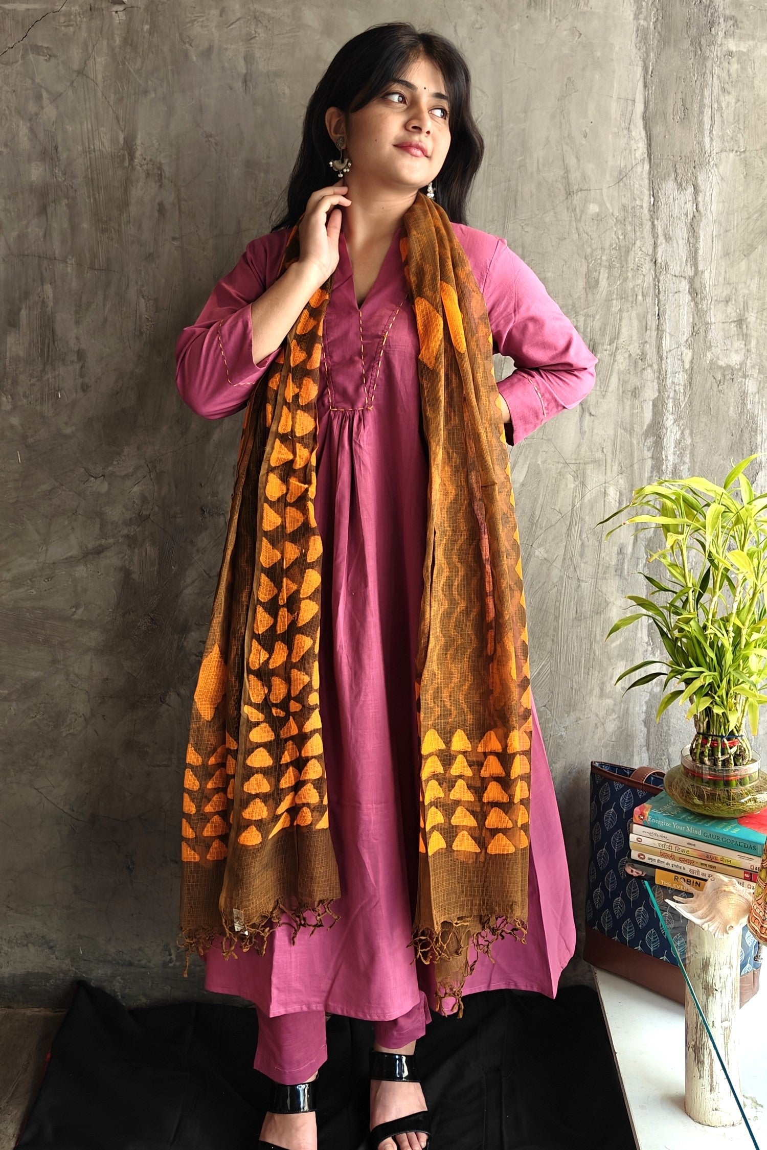 "Old Rose cotton kurti and pant set with pure Kota dupatta- Loomkar handmade co-ord set"