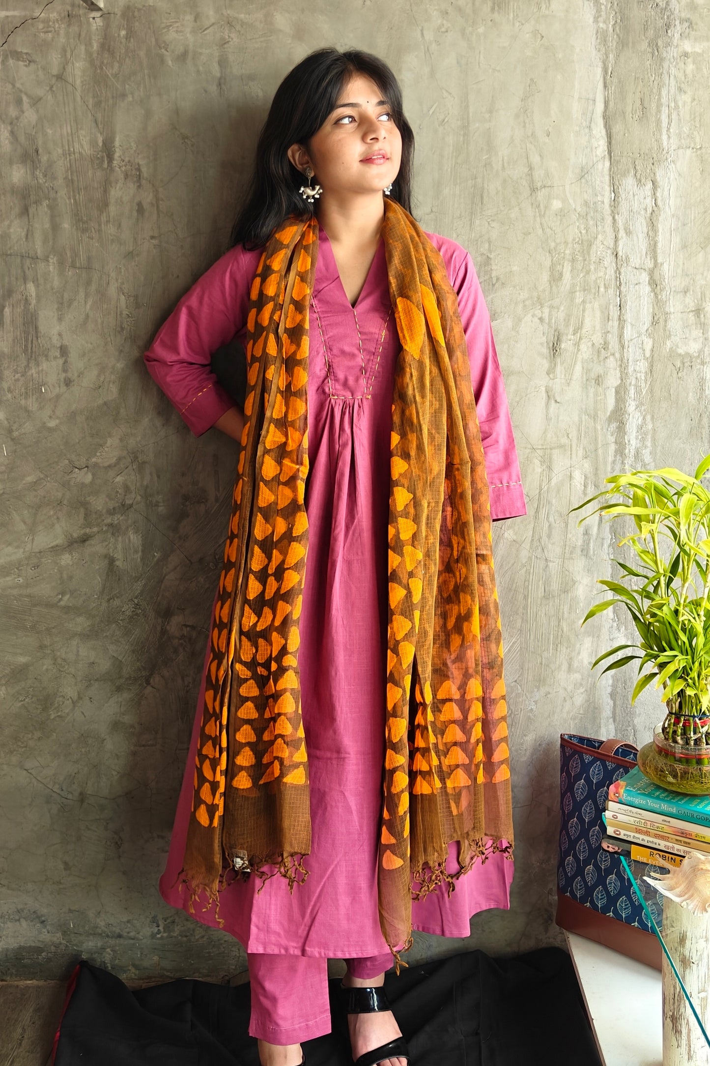 "Premium cotton Old Rose kurti with functional side pockets- Loomkar ethnic co-ord set"