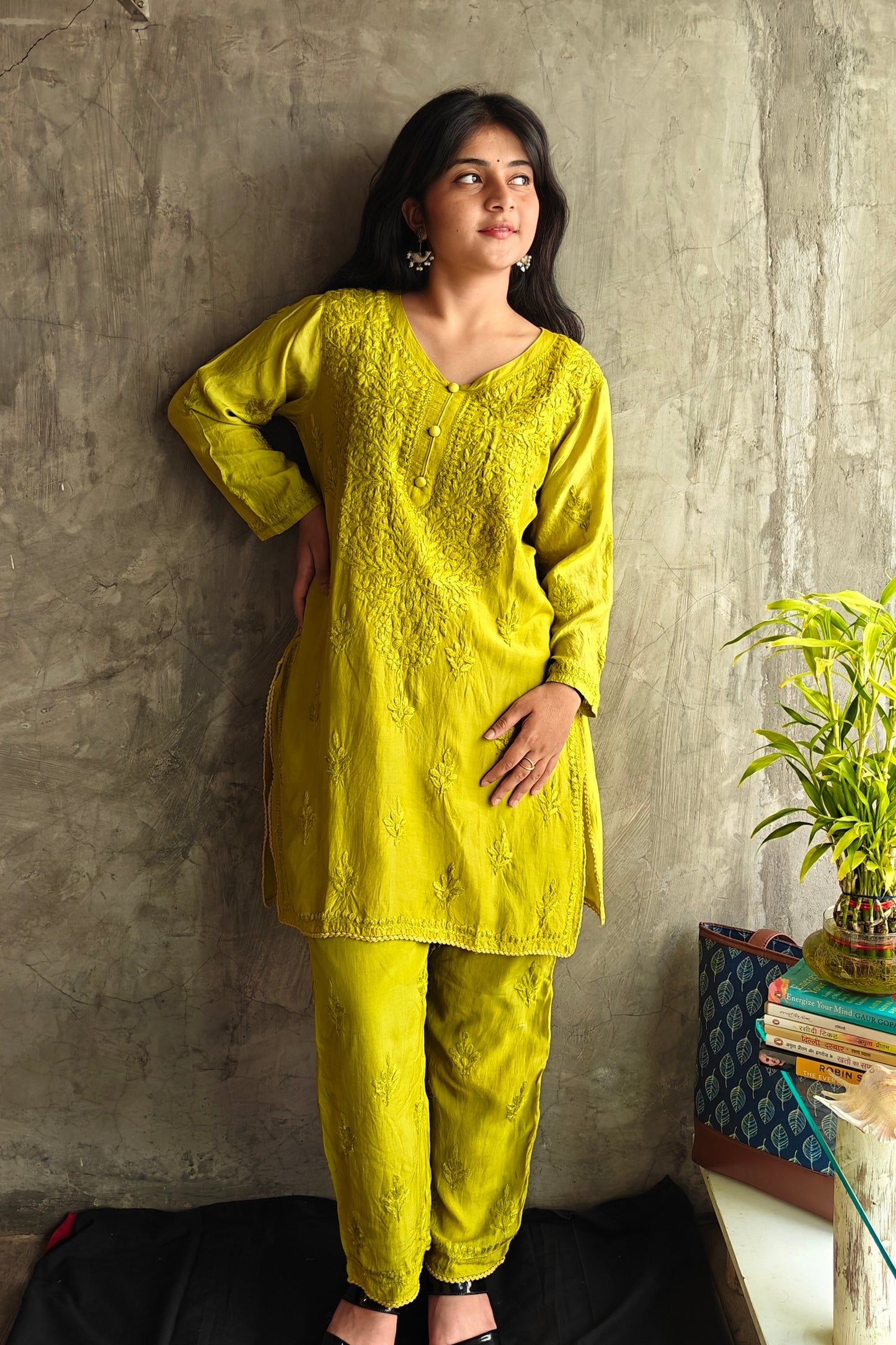 Yellowish Green Silk Co-ord Set