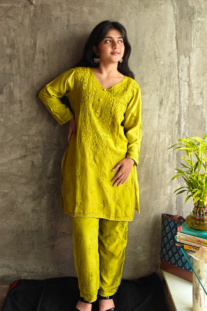 Yellowish Green Silk Co-ord Set