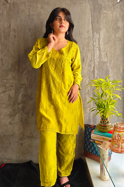 Yellowish Green Silk Co-ord Set