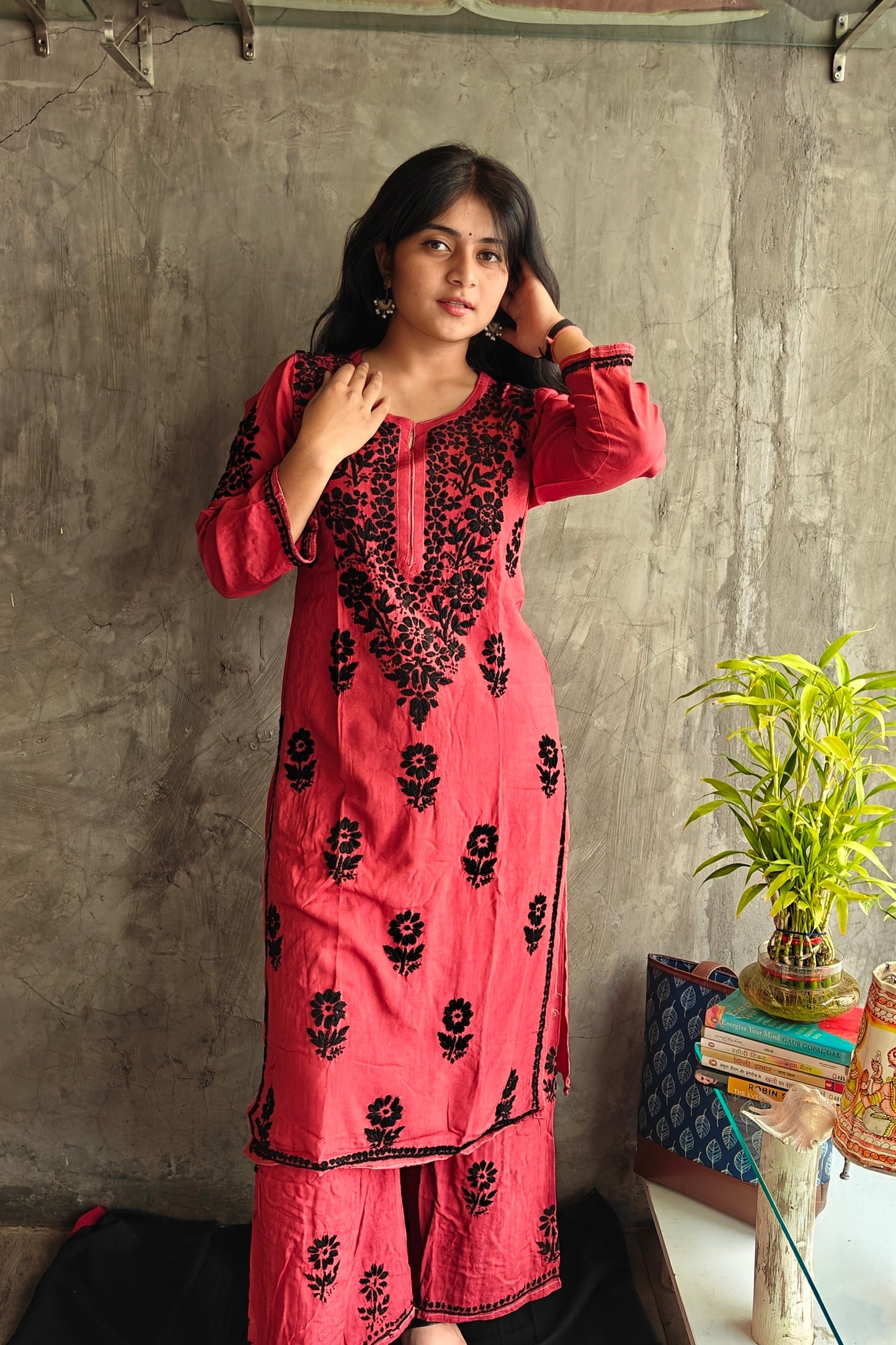 Maroon Pink Chikankari Black Rose