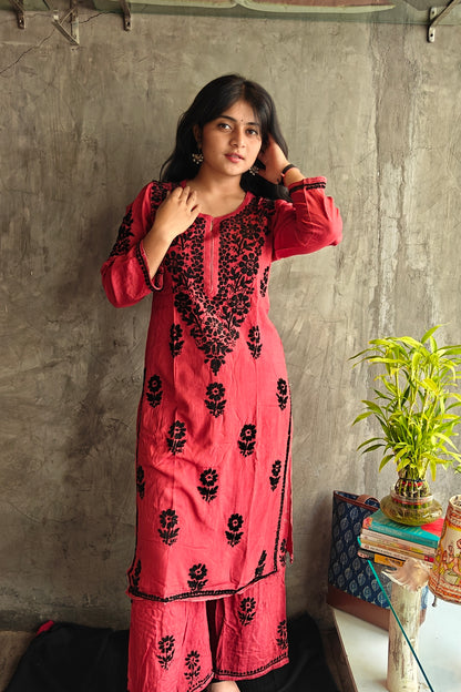 Maroon Pink Chikankari Black Rose