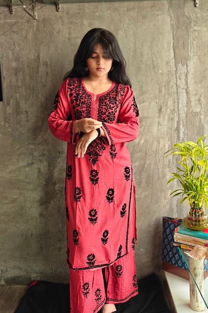 Maroon Pink Chikankari Black Rose