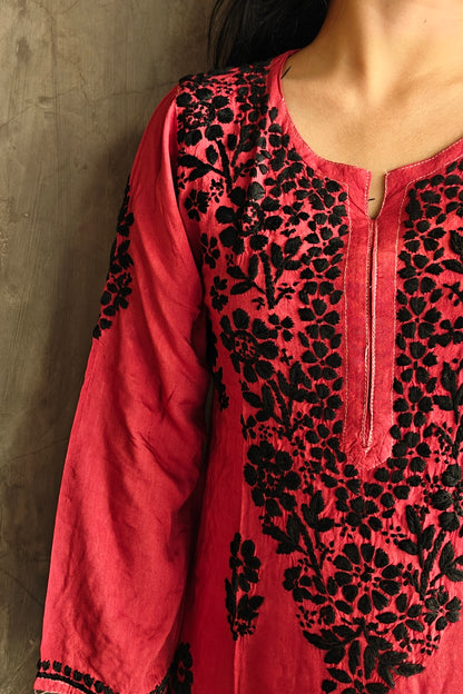 Maroon Pink Chikankari Black Rose