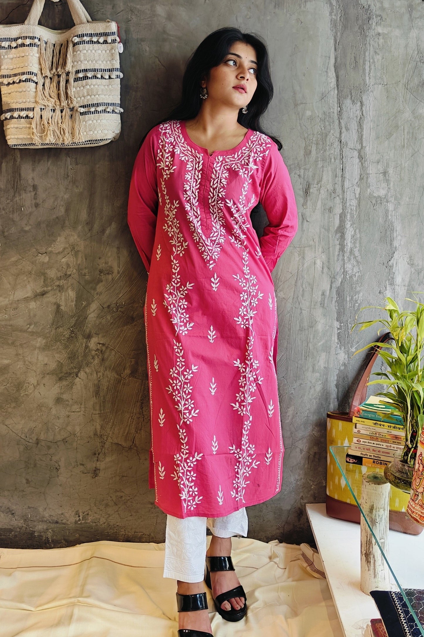 Rose Pink Long Chikankari Kurti
