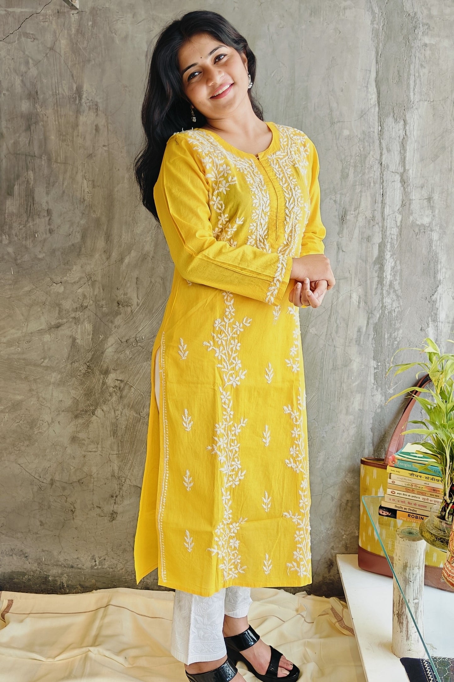 Yellow Chikankari Long Kurti