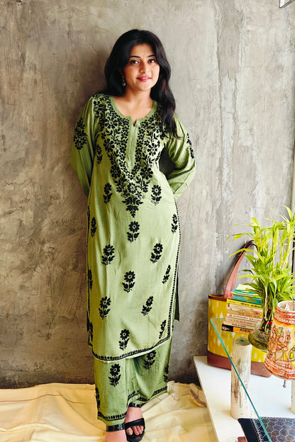 Olive Green Chikankari Black Rose